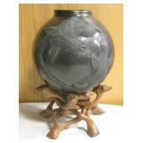 SW/NA Black Ceramic Lizard Art Bowl & Wooden Stand