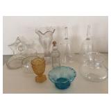 Various Blue, Amber & Clear Glass Table Top Items