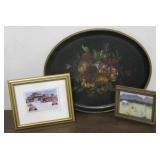 2 Framed Art & Tole Painted Oval Serving Tray