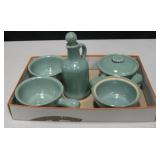 VNTG Teal Ceramic Soup Bowls & Olive Oil Urn