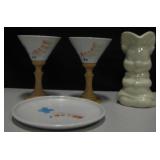Cook Signed Art Plate & Ceramic Glasses & Vase