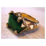 Gold-Toned Ring w/ Green Stone - Marked PD