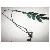 Silver-Toned 10" Green Stone Leaf Necklace
