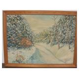 Original Oil on Canvas Snow Road Scene Signed KZ