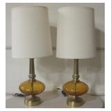 2 Vintage Brass & Amber Glass Globe Lamps, 38"H