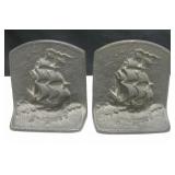 VNTG Iron Cast Ship At Storm Scene Book Ends, 5"H