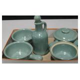 VNTG Teal Ceramic Soup Bowls & Olive Oil Urn