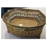 Reticulated Gold-Toned Metal & Glass Jewelry Box