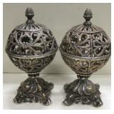 2 - 11" Reticulated Metal Orbs w/ Acorn Finials