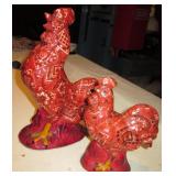 2 Red Plaid Ceramic Roosters - Tallest Is 10"