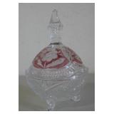 Cut To Clear Red Floral Glass Candy Bowl & Top