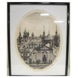 Framed City Scene Lithograph - Pencil Marked Base