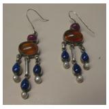 Sterling Silver, Amber, Lapis & Pearl Earrings