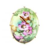 Antique Hand Painted Floral Brass Brooch