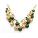 Pierced Gold Tone & Green Bead Necklace