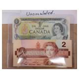 Canada Last Year Print 1973 $1 & 1986 $2 Banknotes