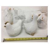6 New Ceramic Ducks & Chickens Gold & White Finish