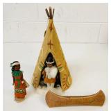 Indigenous Art Teepee, Dolls & Birchbark Canoe