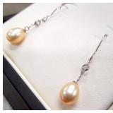 14K Gold Genuine White Sapphire & Pearl Earrings
