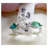 14K White Gold Diamond & 2 Emerald Ring