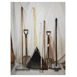 Large Lot Of Gardening Tools, Rakes Forks Etc.