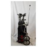 Izzo Golf Bag W/ Push Cart And Various Clubs