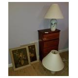 4 Drawer Wood End Table, 2 Lamps, 2 Prints