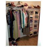 Closet: Clothes, Purses, Wood Storage Shelf Closet: Clothes, Purses, Wood Storage Shelf