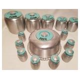 Mid Century Kromex Aluminum & Teal Set Mid Century Kromex Aluminum & Teal Set