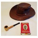 Leather Har, Corn Cob Pipe & Pipe Tin