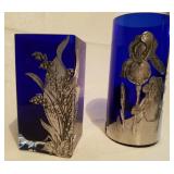 Pair Of Cobalt Blue Glass & Aluminum Vases