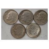 5 Roosevelt Silver Dimes 1962-64