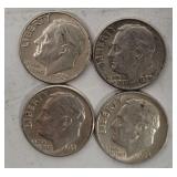4 Roosevelt Silver Dimes 1962-64