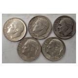 5 Roosevelt Silver Dimes 1950-64