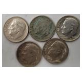 5 Roosevelt Silver Dimes 1962-64