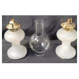 2 Vtg Frosted Glass Oil Lamps