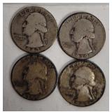 4 Washington Silver Quarters 1939-43