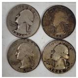4 Washington Silver Quarters 1936-45