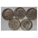 5 Roosevelt Silver Dimes 1961-64