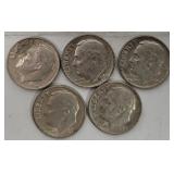 5 Roosevelt Silver Dimes 1964