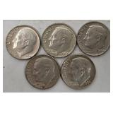 5 Roosevelt Silver Dimes 1964