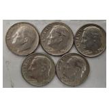5 Roosevelt Silver Dimes 1963-64