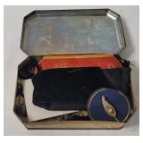 Tin W/ Vtg Coat Buttons, Leaf Brooch