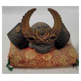 Vtg Cast Iron Samurai Helmet On Pillow