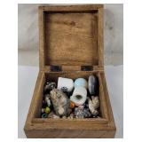 Wood Box W/ Trinkets, Stone Dice, Etc