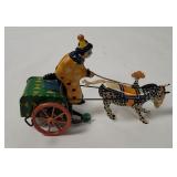 Vtg Tin Wind-up Clown Horse Cart