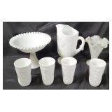 Milk Glass Pitcher, Cups & Vase