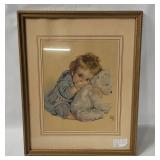 Vtg Framed Baby & Bear Art Print By Maud Fangel