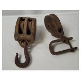 2 Antique Wood & Metal Pulleys
