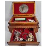 Carved Wood Box W/ Vtg Costume Jewelry